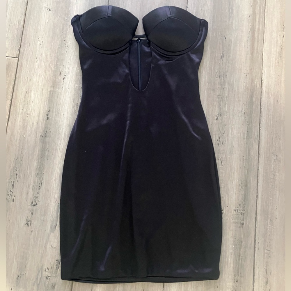 LEAU London REVOLVE Satin Eclipse Black Bustier Deep Plunge Cut-Out Dress XS